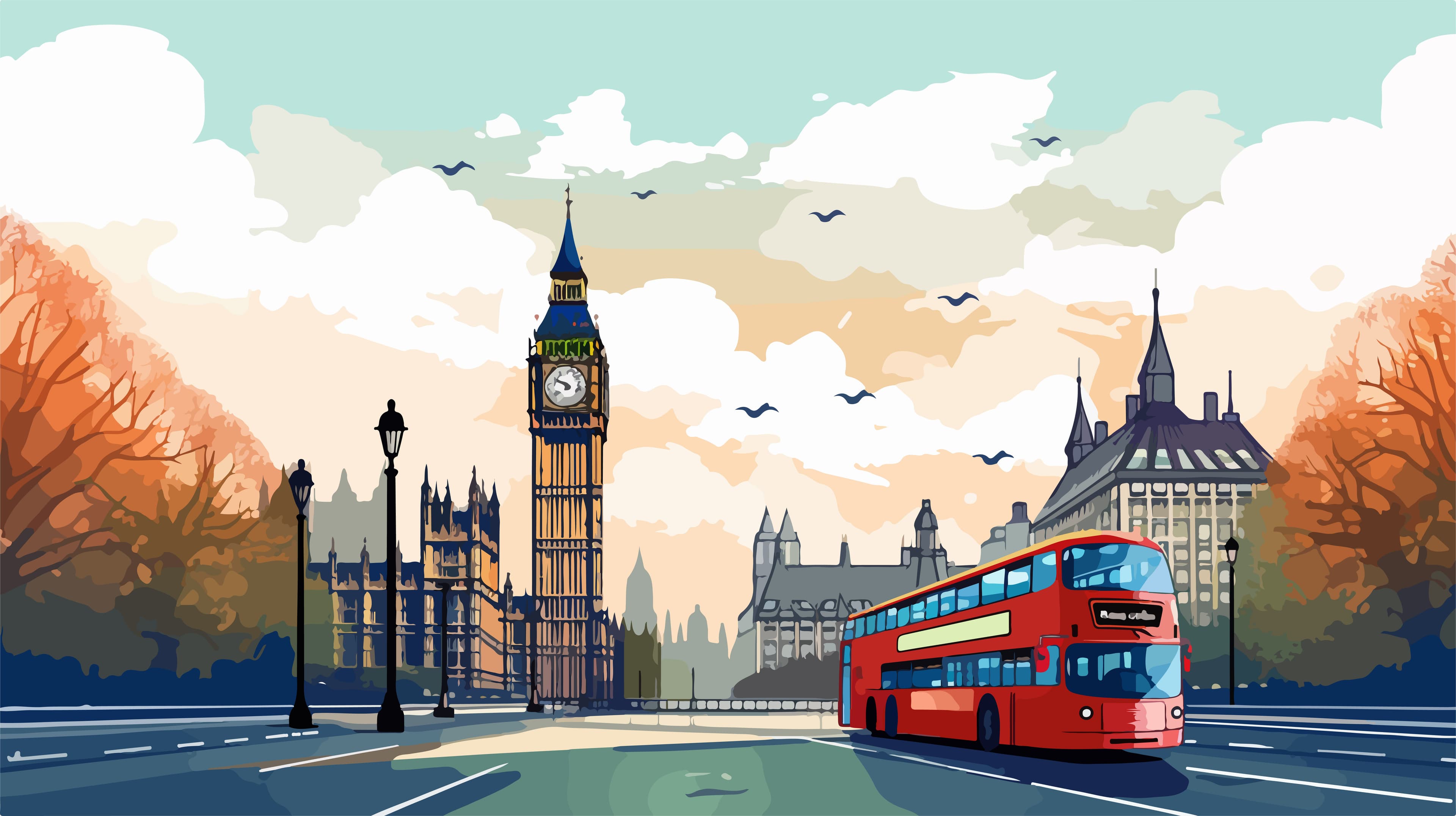 London cityscape with Big Ben and red bus